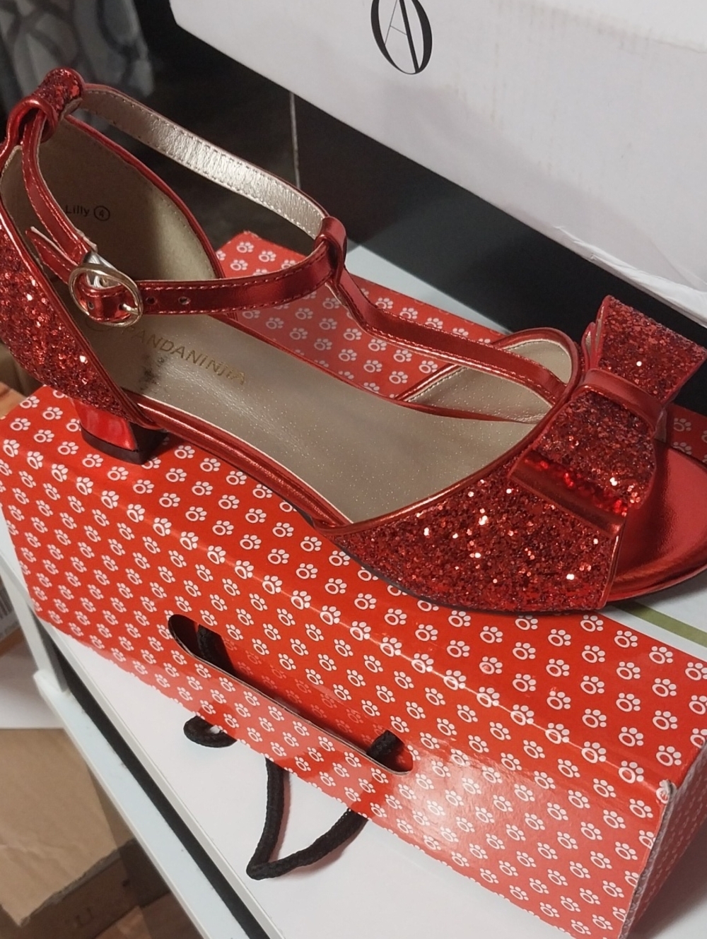 Girls Red Glitter T-Strap Heels with Bow Accent